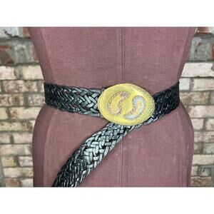 belt split leather black braided goldtone buckle stone western